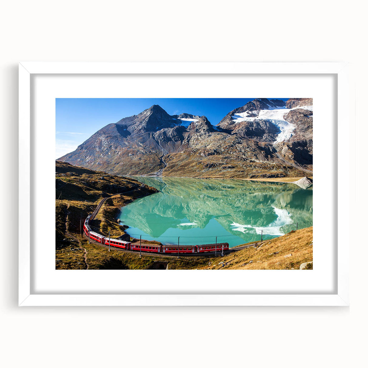 Abstract art print of a Swiss landscape in muted earth tones on a framed canvas, suitable for dining room decor.
