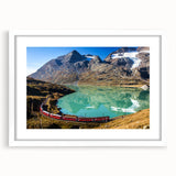 Abstract art print of a Swiss landscape in muted earth tones on a framed canvas, suitable for dining room decor.