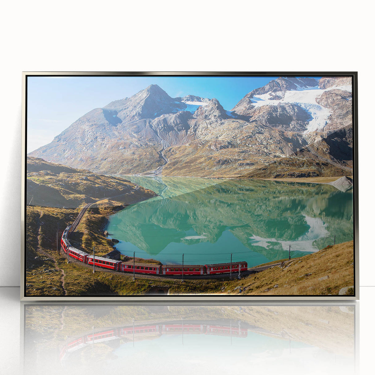 Mid-century modernist art depicting a serene Swiss landscape in muted earth tones, framed in silver acrylic.