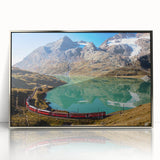 Mid-century modernist art depicting a serene Swiss landscape in muted earth tones, framed in silver acrylic.