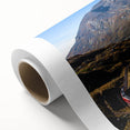 Art Deco style poster of a Swiss landscape, featuring pastel colors on rolled canvas, ideal for nursery wall art.
