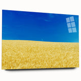 Large abstract wall art featuring a serene European landscape in muted earth tones on acrylic glass.
