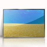 Mid-century modernist art depicting a serene Ukrainian landscape in muted earth tones, framed acrylic.