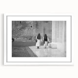 Abstract art print of the Vatican scenery in muted earth tones on a framed white mat, ideal for dining room decor.