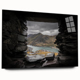Large abstract wall art depicting a serene Welsh landscape in muted green and blue tones, printed on acrylic glass.