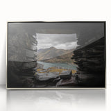 Mid-century modernist art depicting a serene Welsh landscape in muted green and blue tones, framed acrylic.