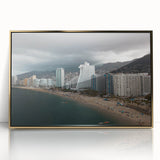 Framed acrylic print of Acapulco scenery in mid-century modernist style with vibrant colors, ideal for modern art wall decor.