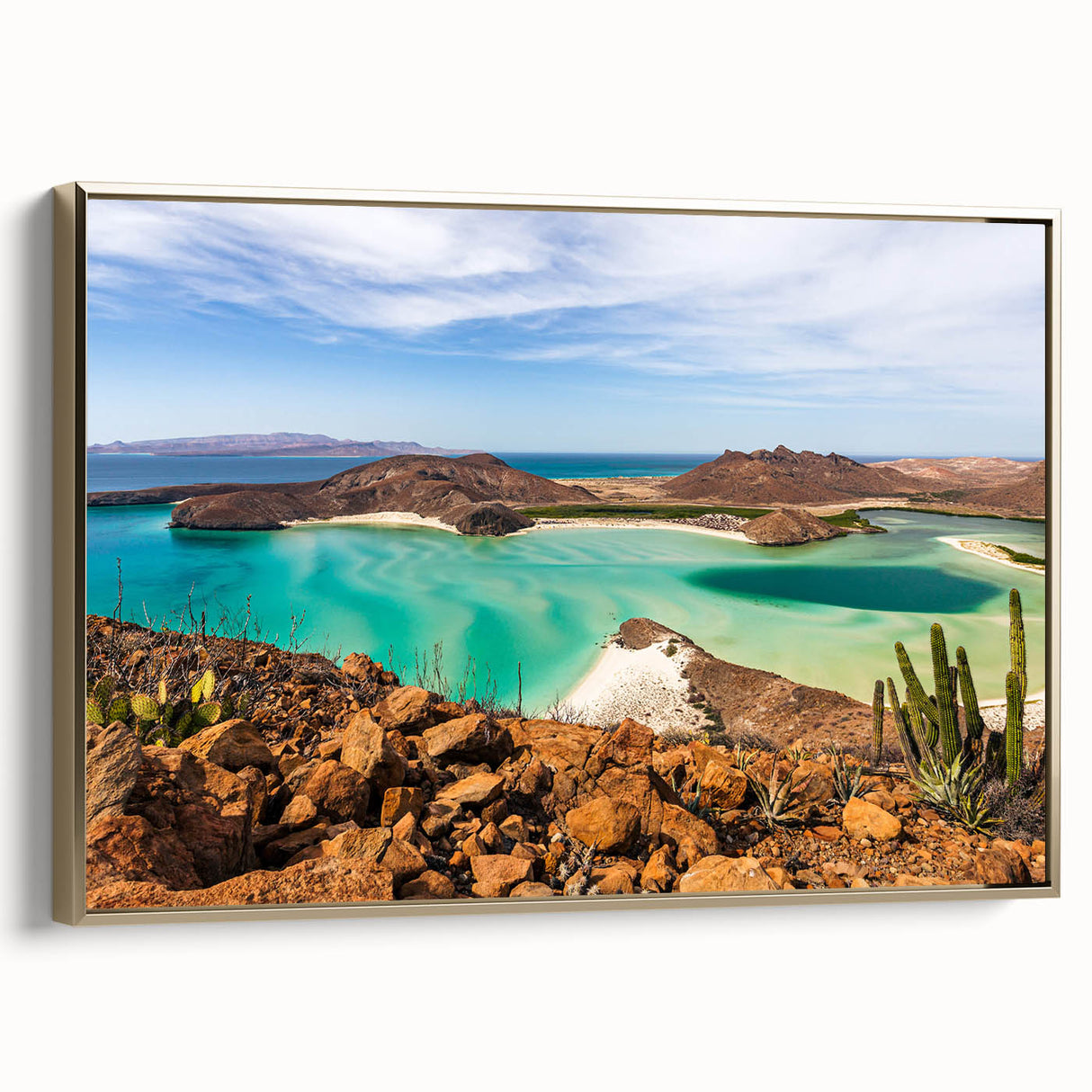Framed canvas of vintage-style Baja California landscape in muted gold and black, ideal for bedroom wall art.