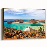 Framed canvas of vintage-style Baja California landscape in muted gold and black, ideal for bedroom wall art.