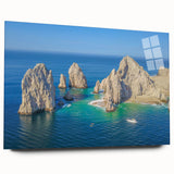 Large abstract wall art of Cabo San Lucas scenery on acrylic glass, featuring blue and turquoise tones.
