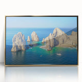 Framed acrylic print of Cabo San Lucas scenery in gold tones, ideal for modern art wall decor.