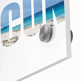 Large abstract wall art of Cancun scenery in muted blue and green tones, acrylic glass, ideal for dining room ambiance.