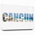 Acrylic print of Cancun scenery with vibrant blue and green tones, ideal for modern dining room decor.