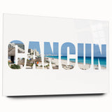 Large abstract wall art depicting the Cancun scenery in vibrant blues and greens on acrylic glass.