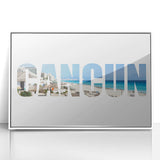 Art deco poster of Cancun scenery with vibrant ocean blues in a white framed acrylic, ideal for nursery wall art.
