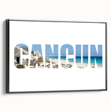 Black and white framed canvas of Cancun landscape, vintage poster style, ideal for bedroom wall art.