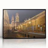 Large abstract wall art of Mexico City in muted gray and blue tones on a framed acrylic, ideal for modern living room decor.