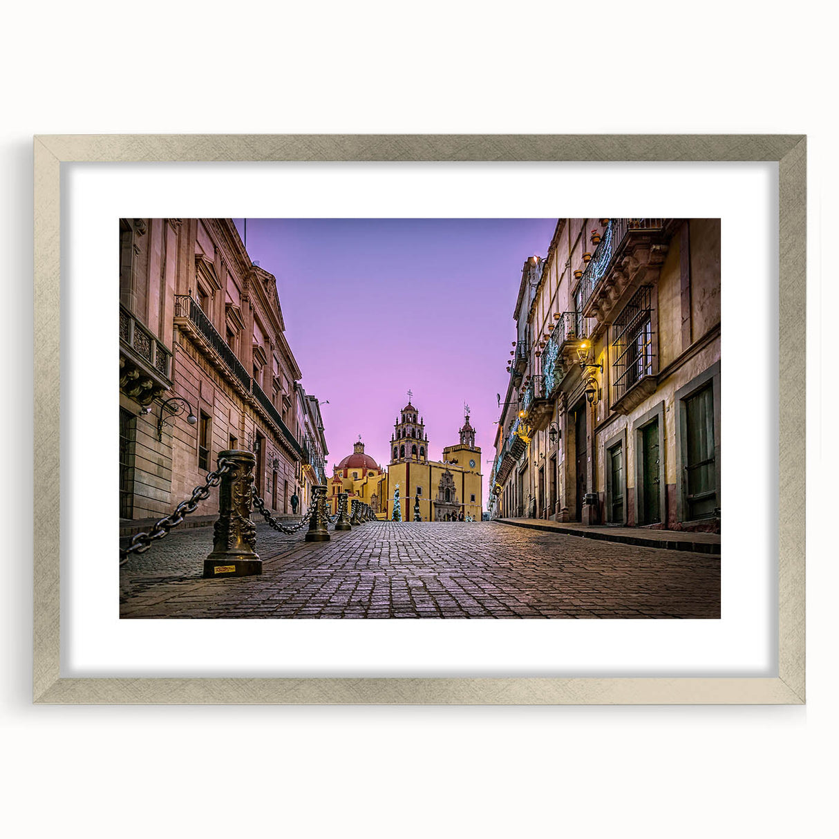 Textured abstract art print of Guanajuato, Mexico in muted earth tones, framed in silver, ideal for bedroom art.