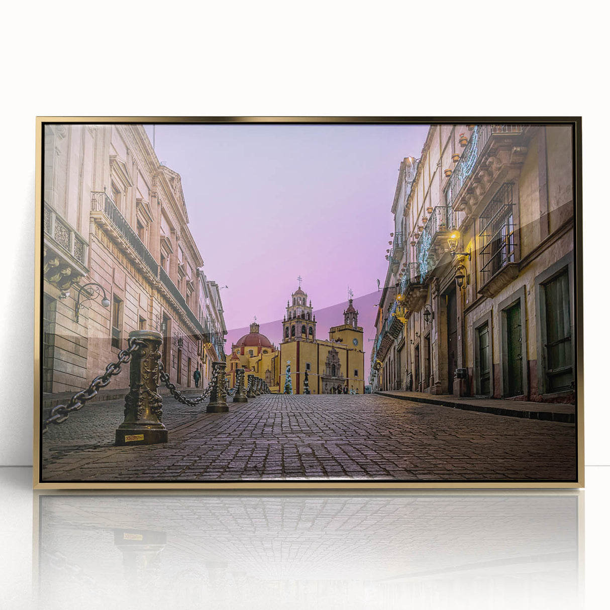 Framed acrylic print of Guanajuato scenery in gold tones, ideal for modern art wall decor.