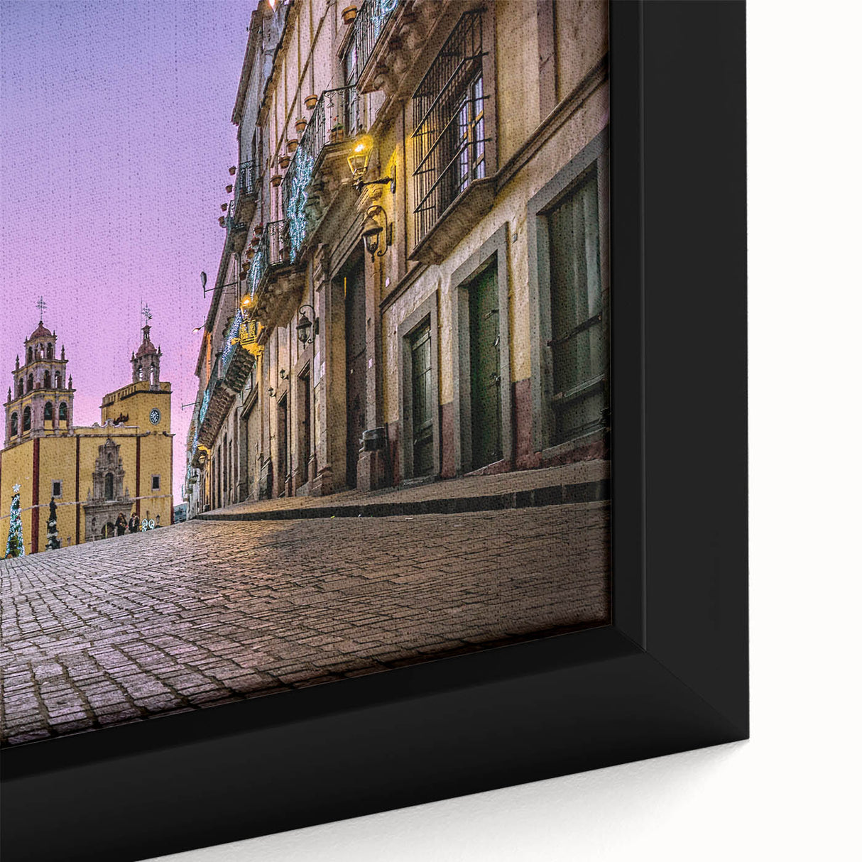Extra large framed canvas depicting a textured, colorful street scene in Guanajuato, Mexico, ideal for living room decor.