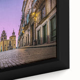 Extra large framed canvas depicting a textured, colorful street scene in Guanajuato, Mexico, ideal for living room decor.