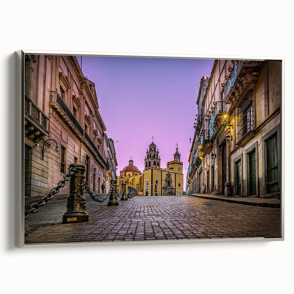 Framed canvas of a vintage-style landscape art painting depicting colorful Guanajuato, Mexico.