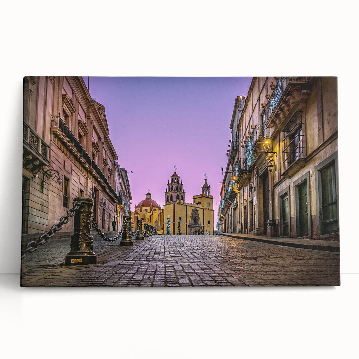 Black and white stretched canvas featuring a detailed scene of Guanajuato, Mexico, ideal for kitchen wall art.