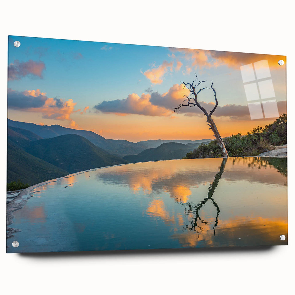 Acrylic print of a large abstract landscape in orange and blue tones, suitable for bedroom or dining room decor.