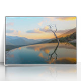 Acrylic print of Oaxaca, Mexico scenery in art deco style, framed in white, suitable for modern nursery decor.