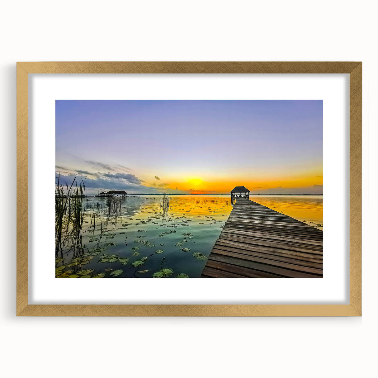 Extra large abstract art print featuring textured scenery of Quintana Roo in a gold frame, ideal for living room decor.