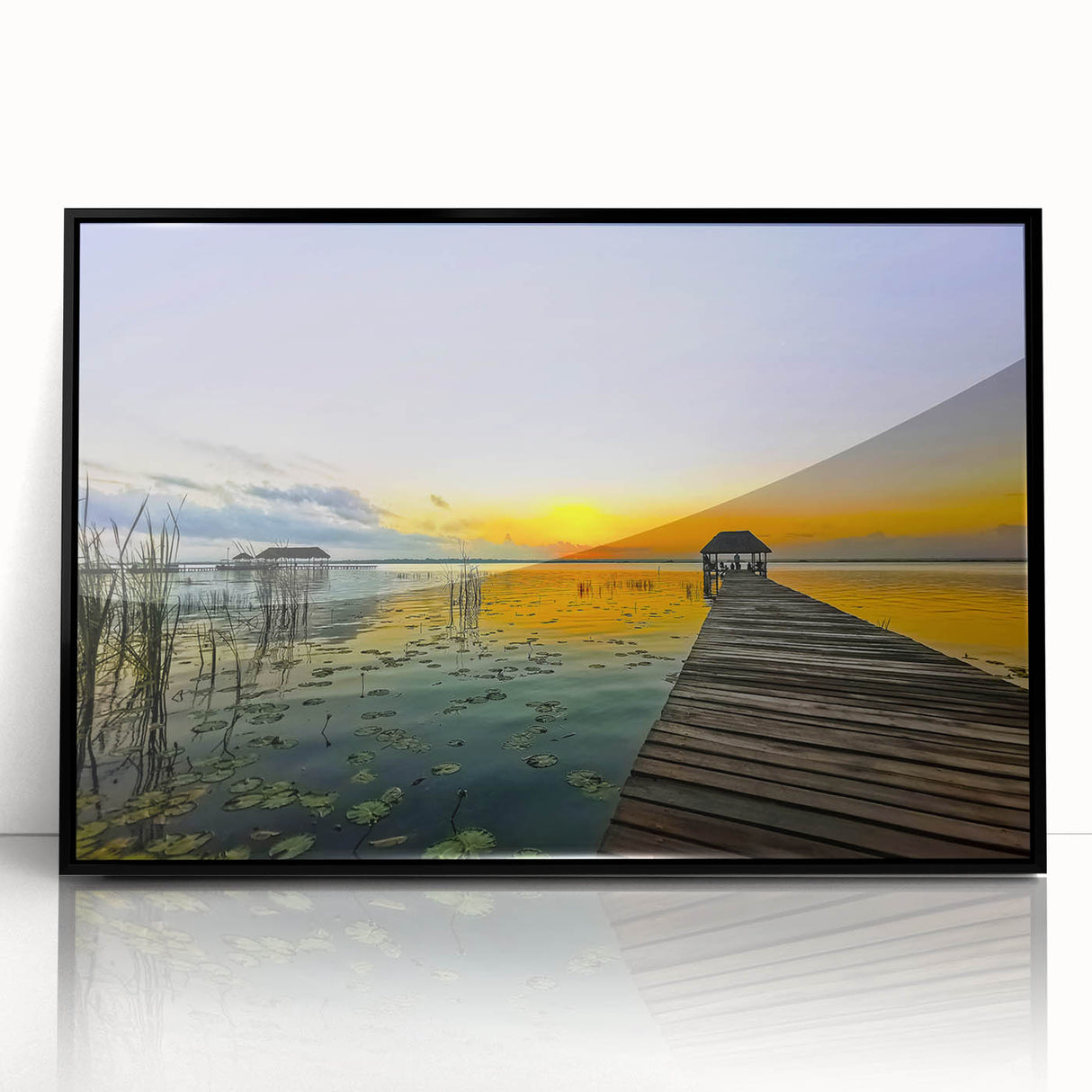 Large abstract wall art depicting a vibrant Mexican Quintana Roo landscape, in a black frame.