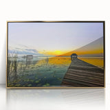 Mid-century modernist art of Quintana Roo scenery in gold frame, acrylic print, suitable for modern nursery decor.
