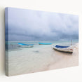 Large stretched canvas depicting a serene Yucatan scenery in muted green and blue tones, ideal for kitchen wall art.
