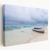 Large stretched canvas depicting a serene Yucatan scenery in muted green and blue tones, ideal for kitchen wall art.