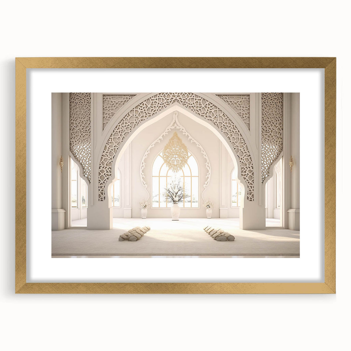 Extra large abstract art print depicting a textured Middle Eastern scenery in muted earth tones, framed in gold.