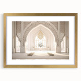Extra large abstract art print depicting a textured Middle Eastern scenery in muted earth tones, framed in gold.