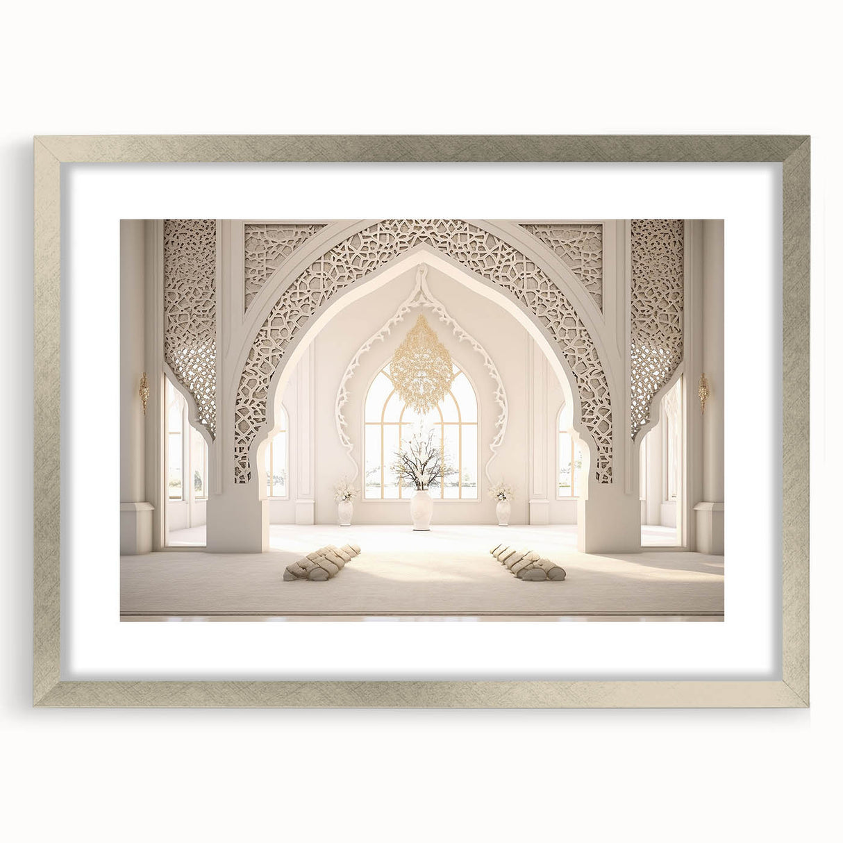 Textured abstract art print depicting a Middle Eastern scenery in neutral and earth tones, framed in silver.