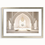 Textured abstract art print depicting a Middle Eastern scenery in neutral and earth tones, framed in silver.
