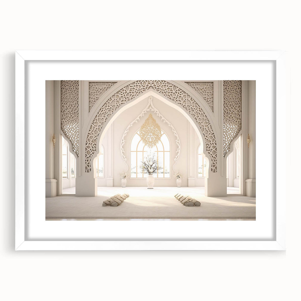 Abstract art print depicting a Middle Eastern landscape in muted earth tones on a framed white mat.