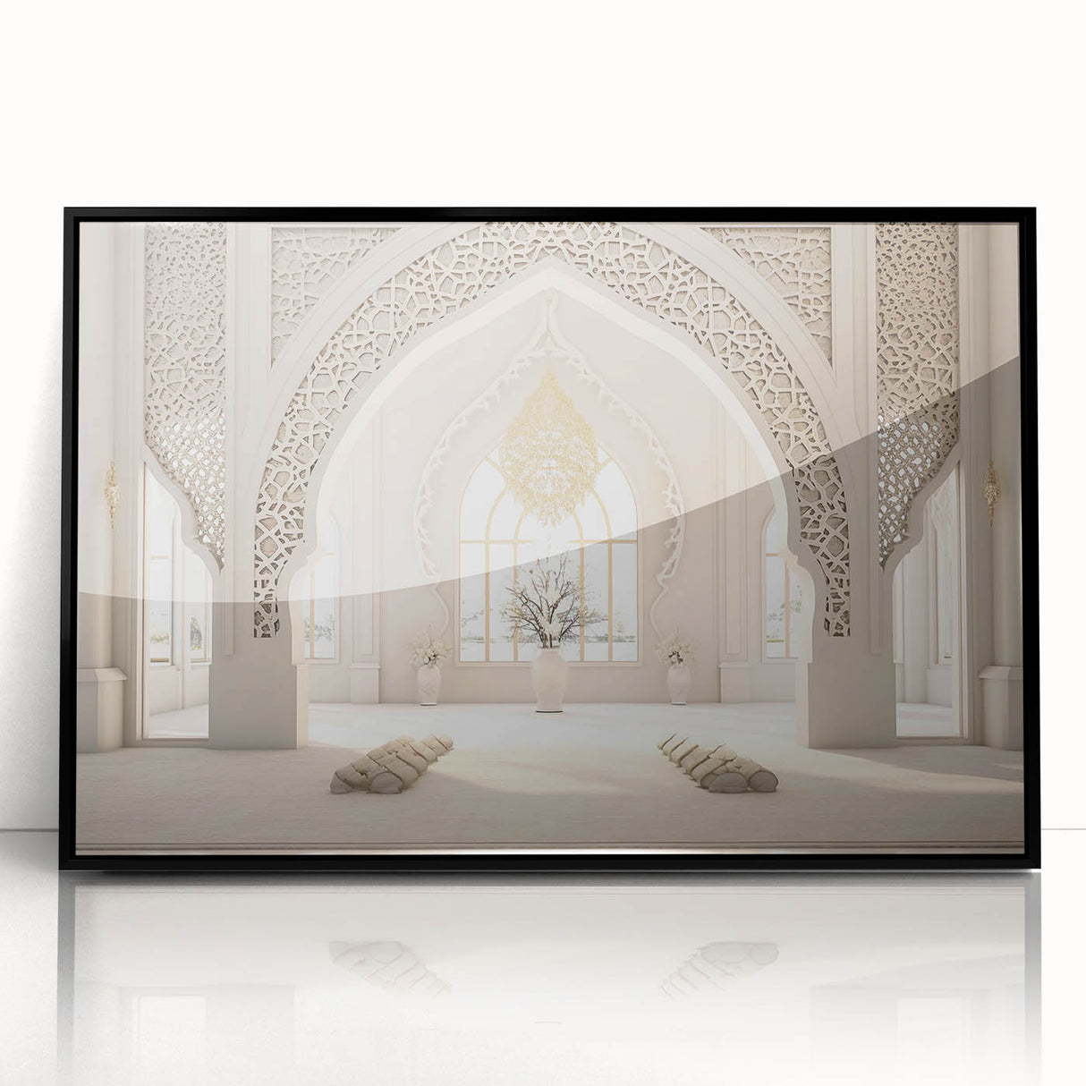 Large abstract wall art depicting a Middle-Eastern landscape in earth tones on a framed acrylic.