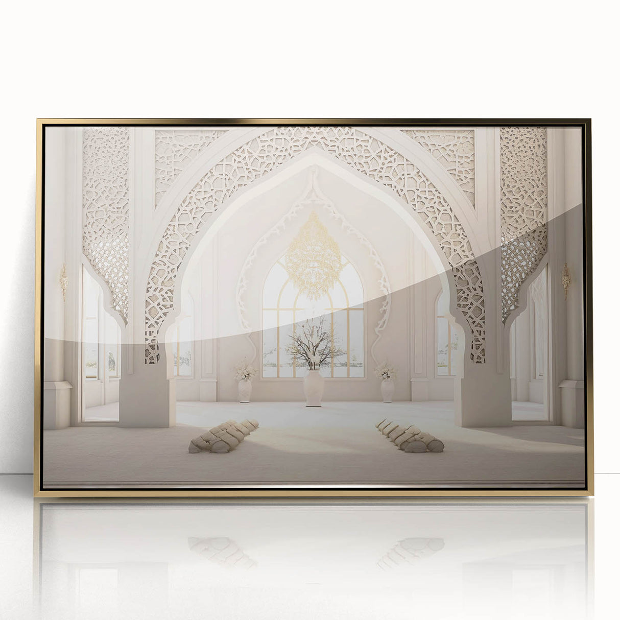 Large art print of a mid-century modernist Afghan landscape in muted earth tones, framed in acrylic.