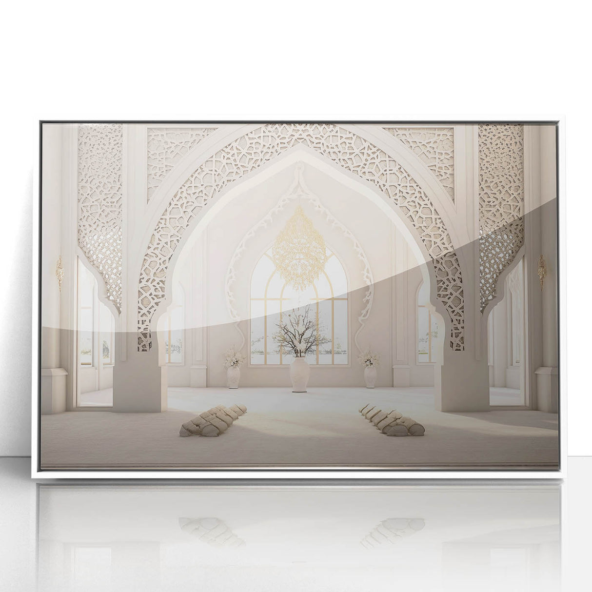 Art deco poster of a Middle Eastern scenery in muted earth tones on a white framed acrylic.