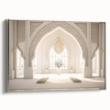 Framed canvas featuring a vintage-style landscape painting of a Middle Eastern scenery in muted earth tones.