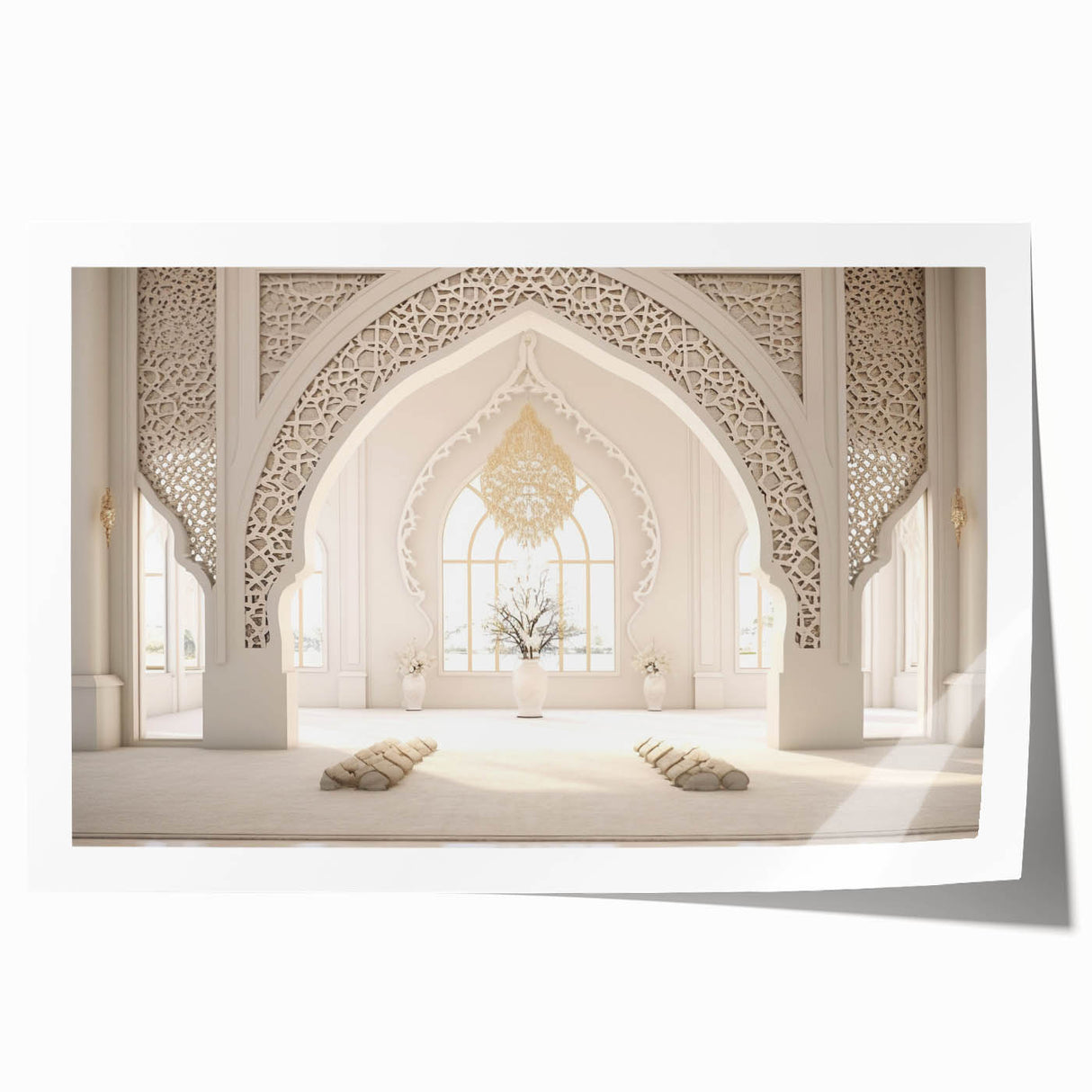 Middle Eastern landscape with vibrant earth tones on a rolled canvas, suitable for art wall dining room.