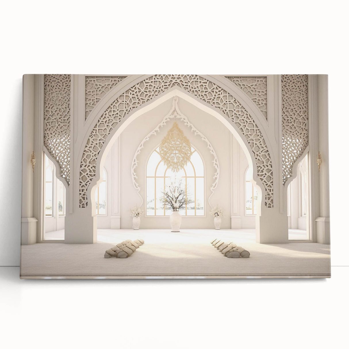 A black and white panoramic photograph of a Middle Eastern landscape on stretched canvas.