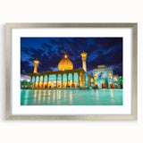 Textured abstract art print featuring a silver-framed depiction of a Middle Eastern scenery, suitable for bedroom art.