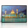 Large abstract wall art depicting a Middle Eastern scenery in muted earth tones on a framed acrylic.