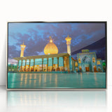 Mid-century modernist art depicting a scenic view of Iran in muted earth tones on a silver-framed acrylic print.