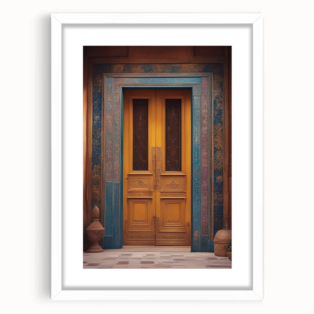 Abstract art print featuring a stylized Middle Eastern landscape in muted earth tones on a framed white mat.