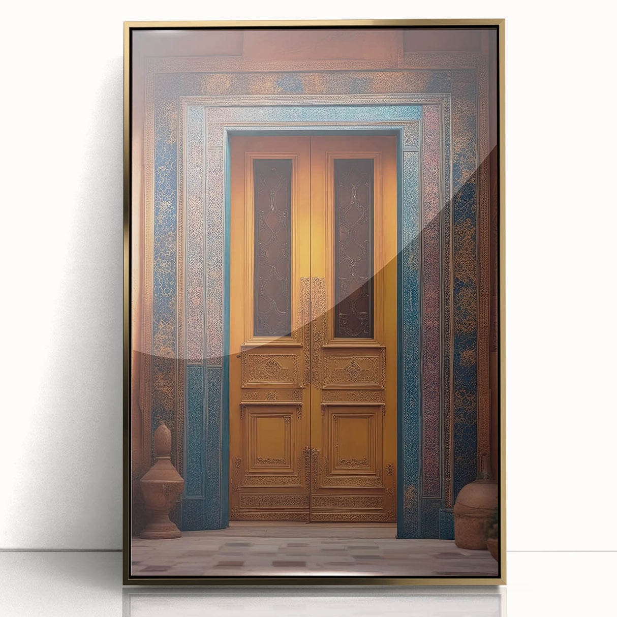 Framed acrylic print of a mid-century modernist Iraqi landscape in gold and earth tones, suitable for modern art wall decor.